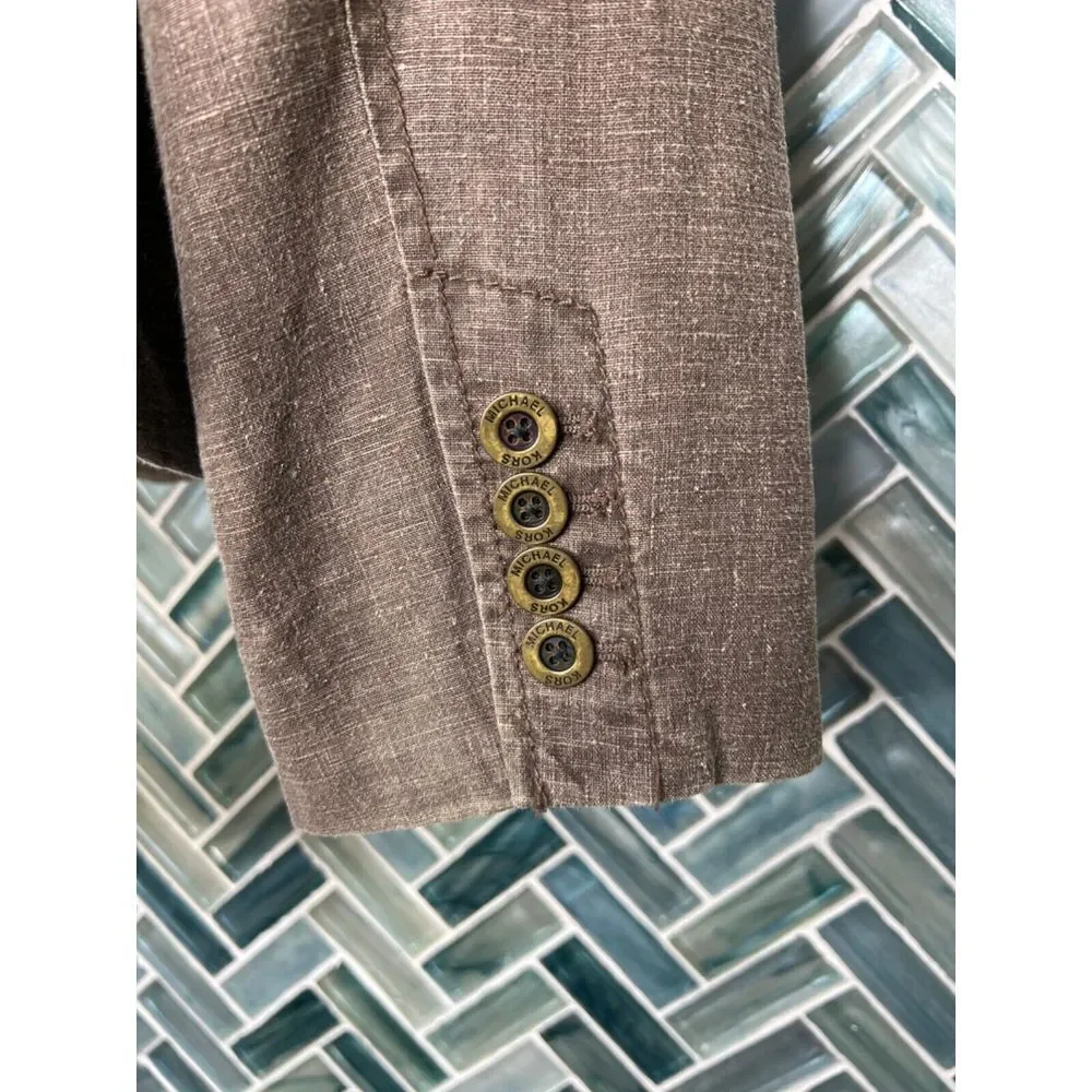 MICHAEL MICHAEL KORS WOMENS BROWN NEUTRAL LINEN BLEND FITTED JACKET BLAZER SZ 10